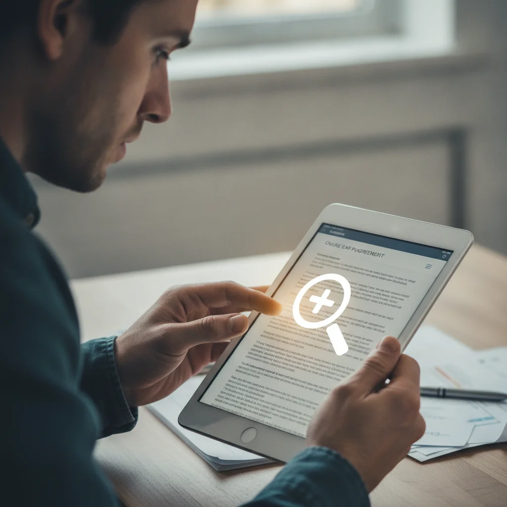 Person reading the fine print of an online car return policy on a digital tablet