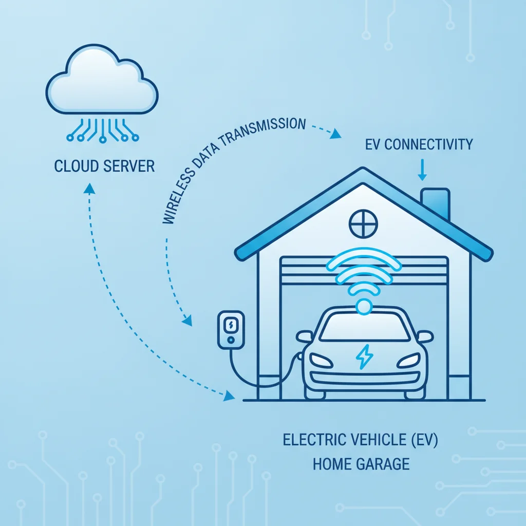 Diagram illustrating wireless over-the-air software update being delivered to an electric vehicle in a home garage