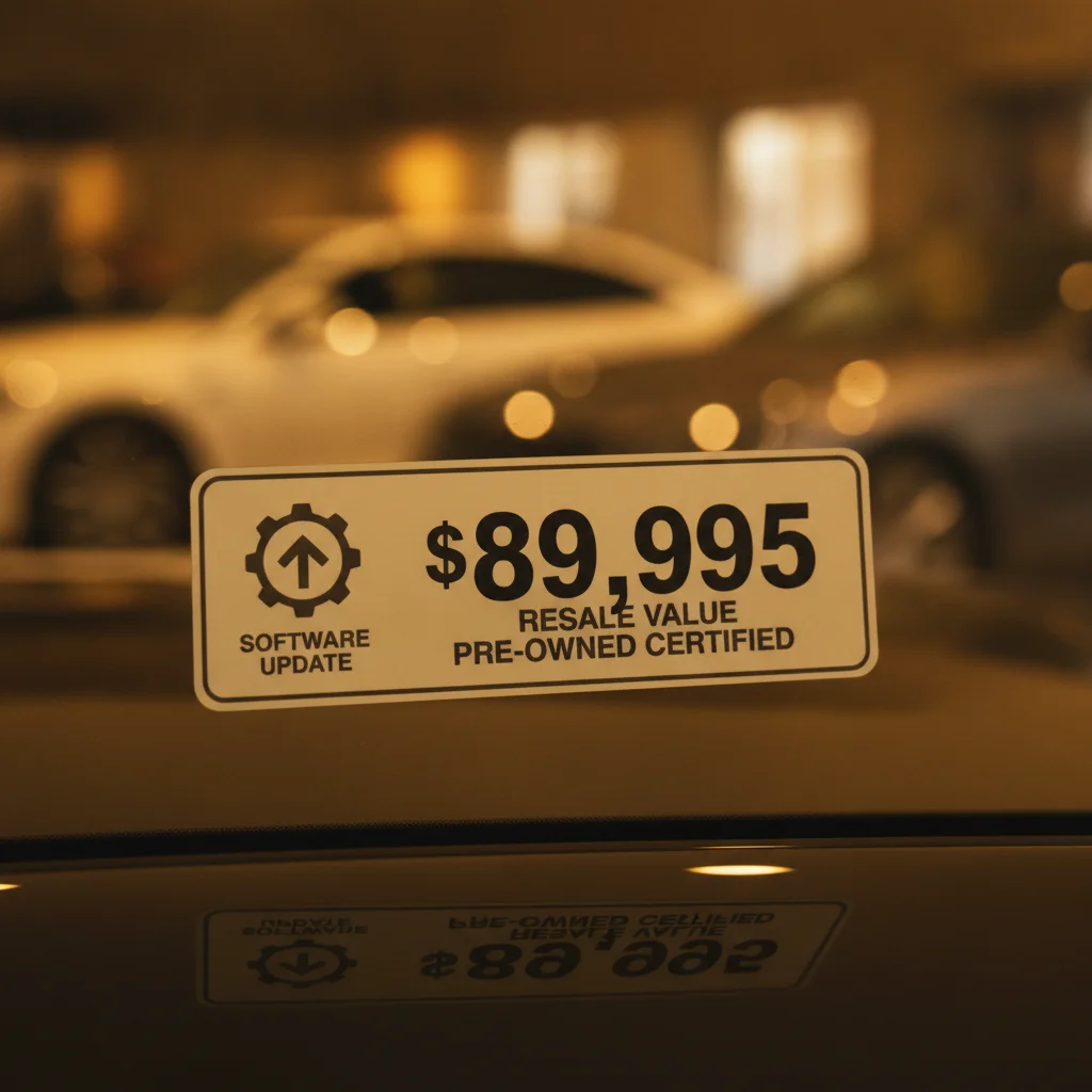 Vehicle price tag alongside software update icon suggesting OTA updates add resale value to electric vehicles