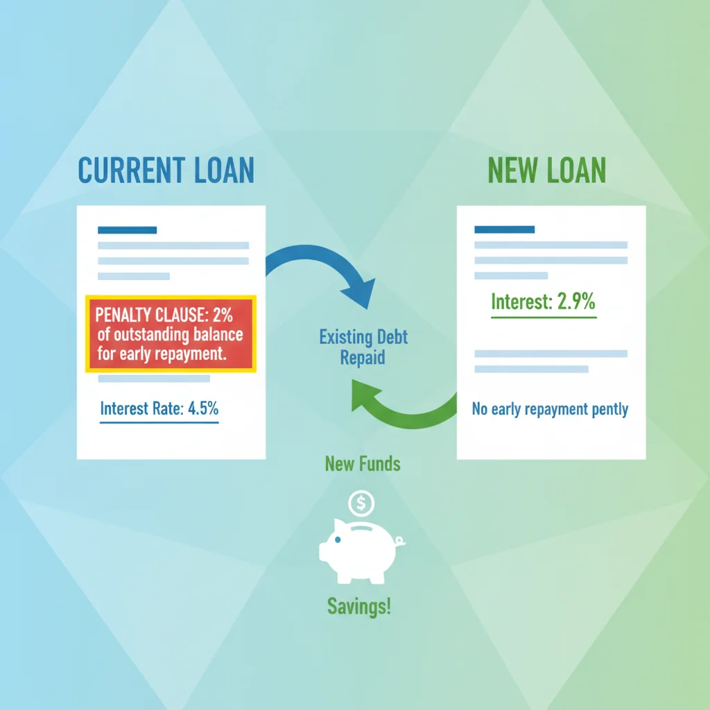 Side-by-side comparison of a current auto loan with prepayment penalty clause and a new refinance loan document