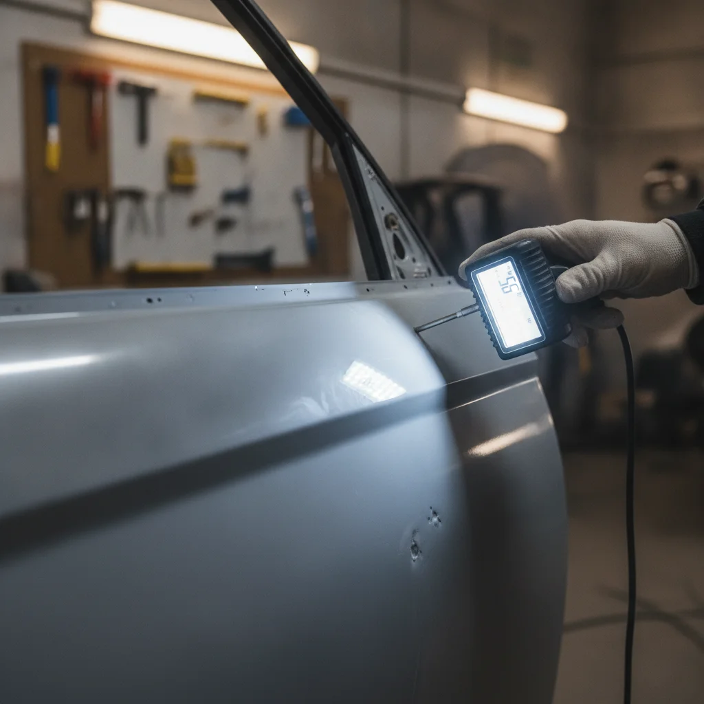 Auto body technician using a paint thickness gauge to detect prior repairs on a car door panel