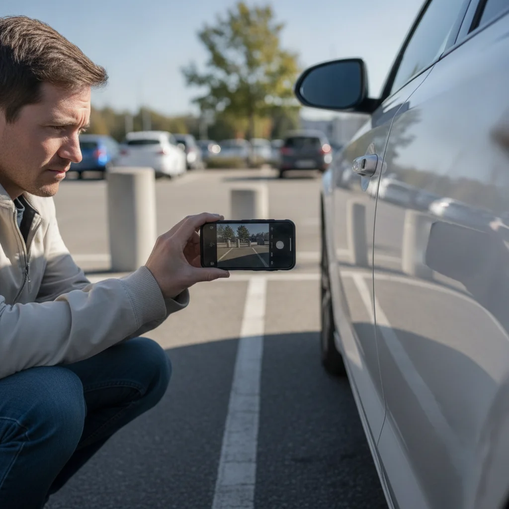 Person photographing car door damage with a smartphone in a parking lot before filing an insurance claim