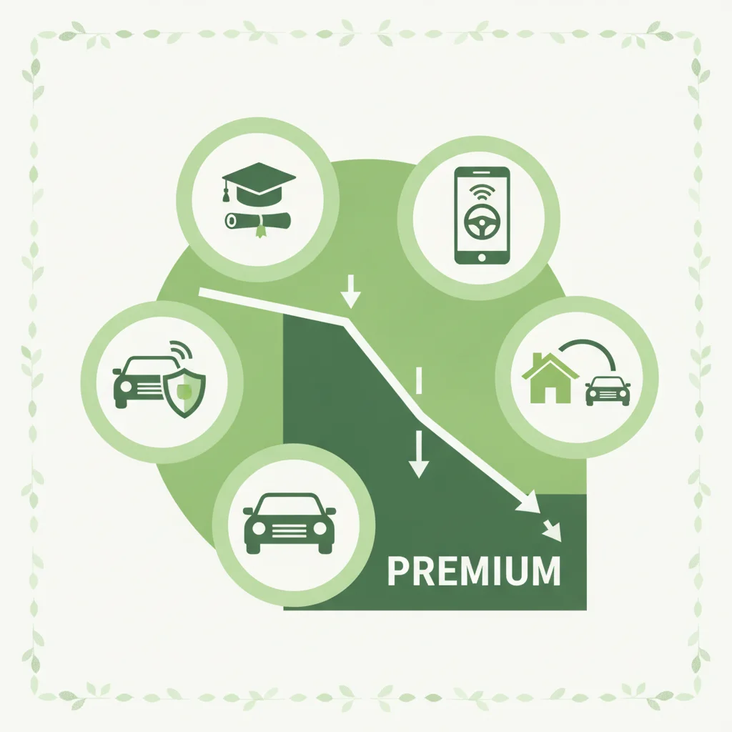 Illustration of multiple car insurance discount badges including bundling, good student, telematics, and safety features
