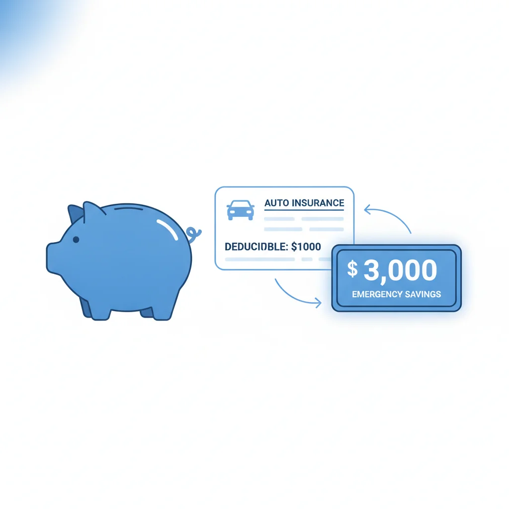 Piggy bank and savings jar next to an auto insurance card showing a deductible amount on screen