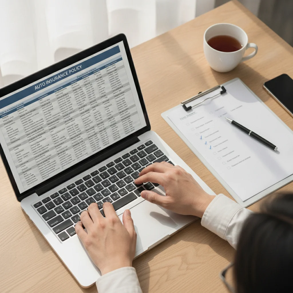 Hands on a laptop reviewing an auto insurance policy document with a discount checklist beside it