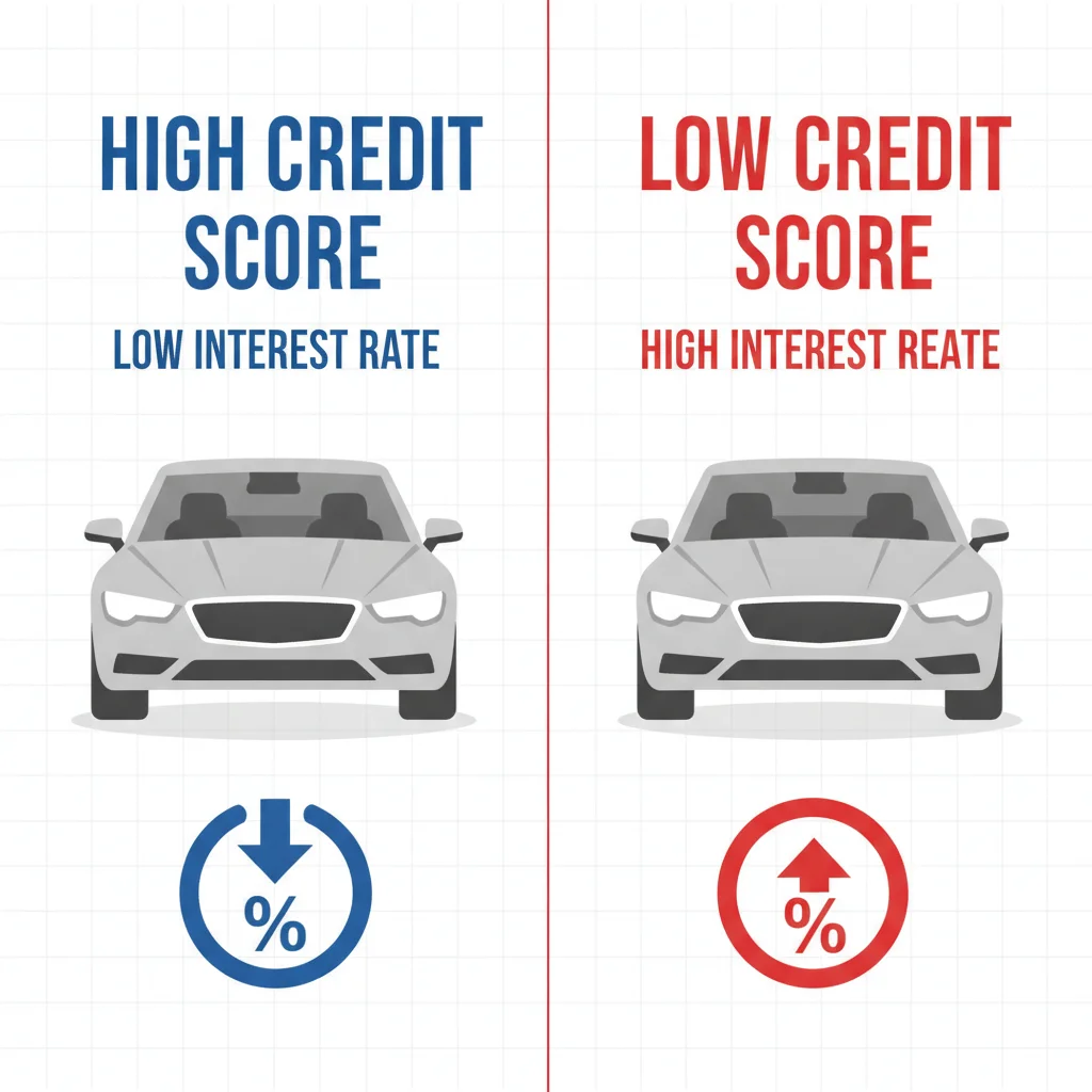 Infographic comparing auto loan costs for high versus low credit score borrowers on identical cars