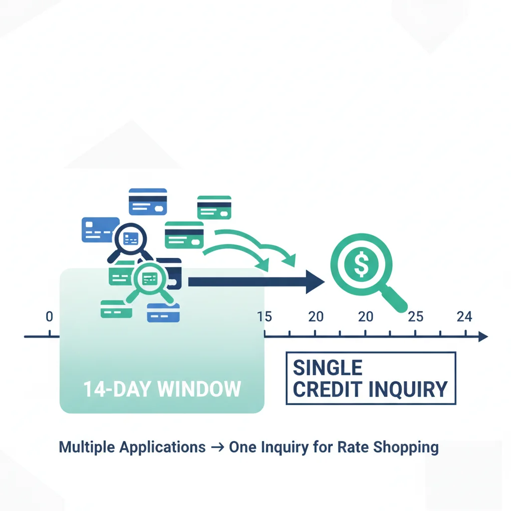 Timeline diagram showing multiple auto loan inquiries consolidating into one within a 14-day rate-shopping window