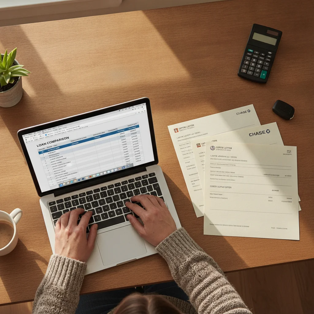 Person comparing multiple printed auto loan offers at a desk with laptop and calculator