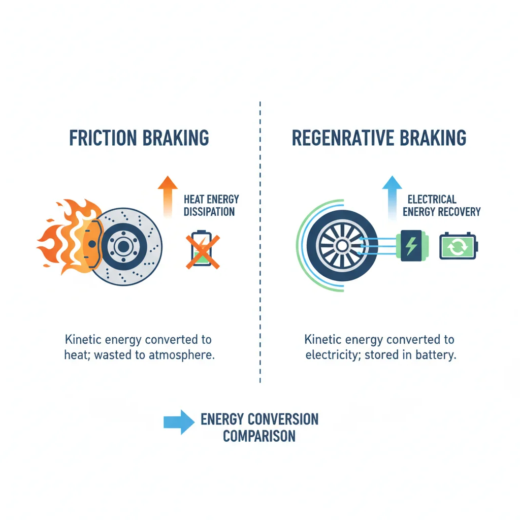 Side-by-side diagram showing energy loss in friction brakes compared to energy recovery in regenerative braking
