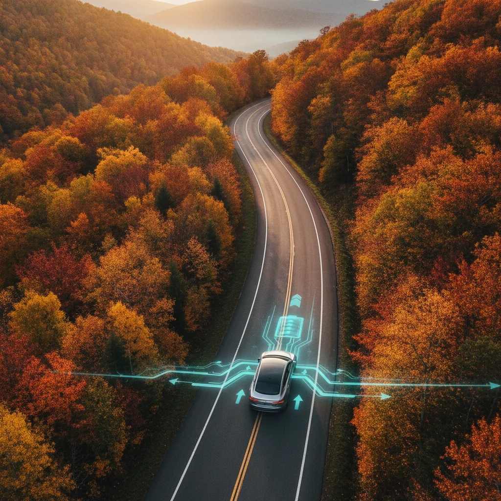 Electric vehicle descending a mountain road with a visual representation of energy being recovered into the battery