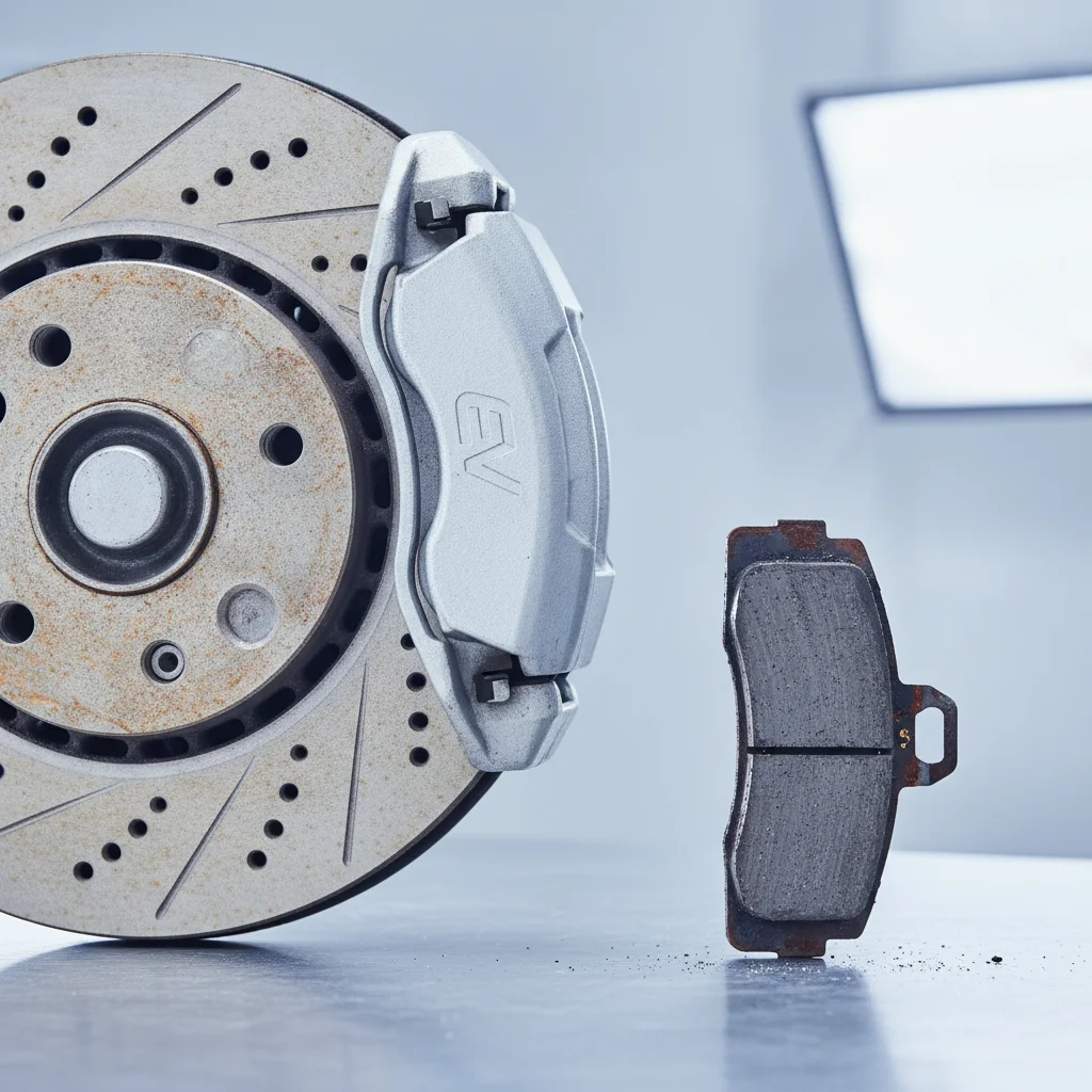 EV brake rotor with minor surface rust showing reduced wear compared to conventional vehicle brake components