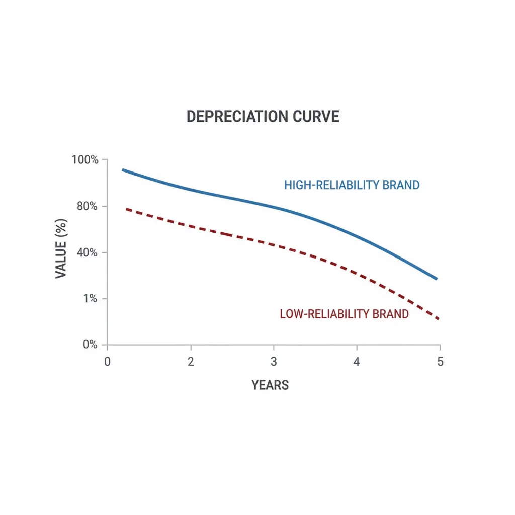 Depreciation curve chart comparing high-reliability brand versus low-reliability brand over five years