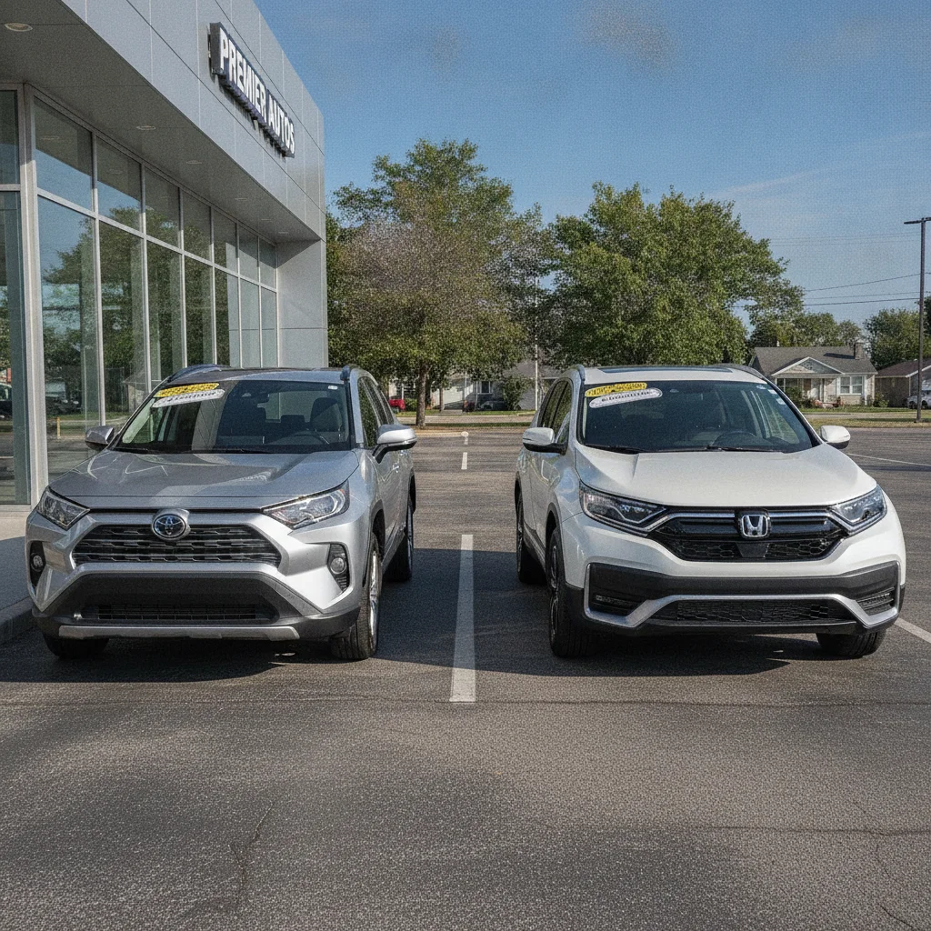 Toyota RAV4 and Honda CR-V parked side by side at a dealership, two compact SUVs with strong reliability reputations