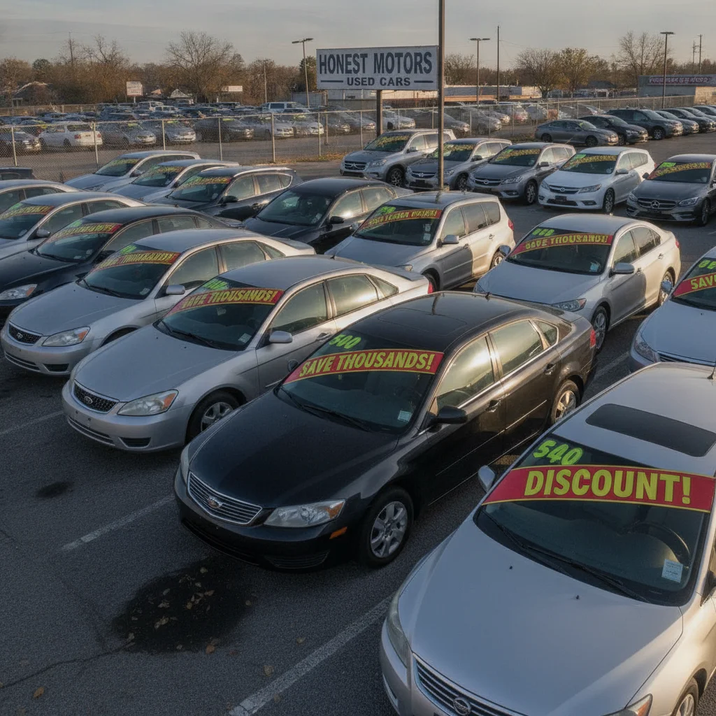 Used car lot showing vehicles with varying price tags reflecting different brand reliability and resale value levels