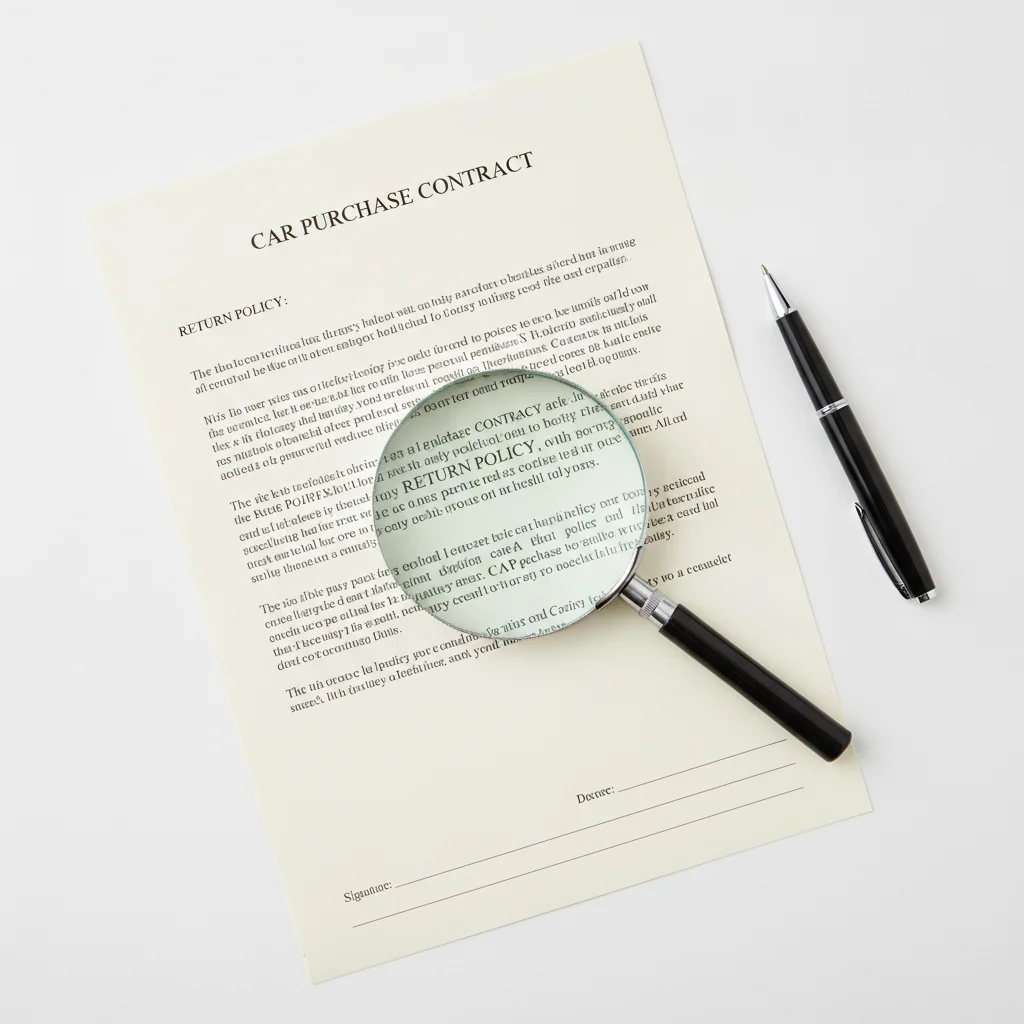 Car purchase contract with return policy clause highlighted under a magnifying glass on a desk