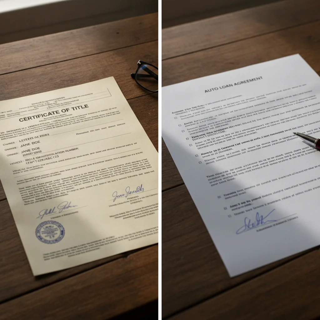 Car title document and auto loan agreement side by side illustrating title and financing complexity in returns