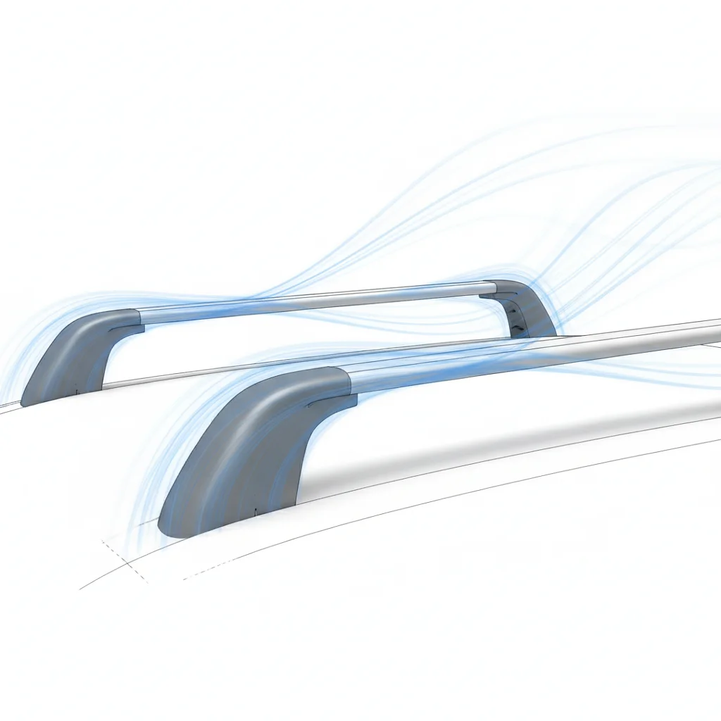 Empty roof rack crossbars with aerodynamic drag airflow visualization lines around them