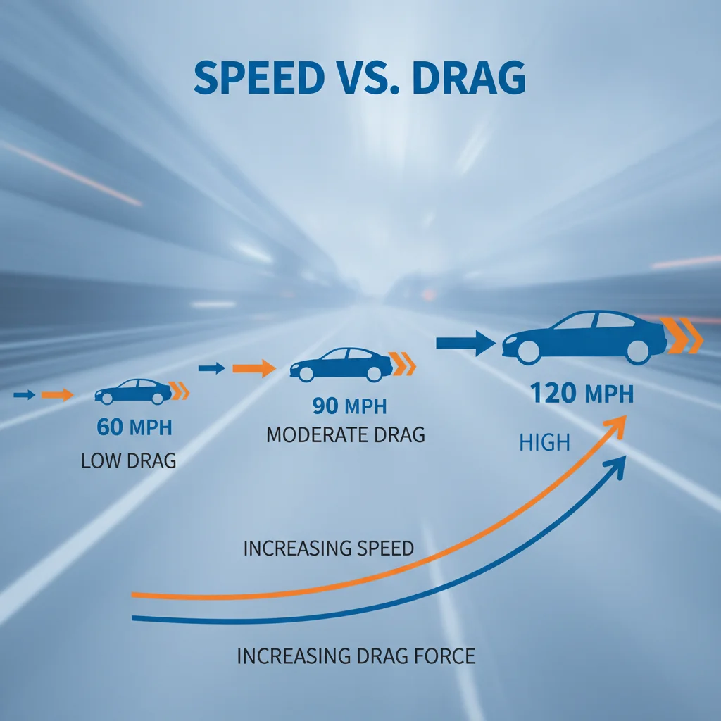 Infographic showing how aerodynamic drag increases exponentially with vehicle speed on highway