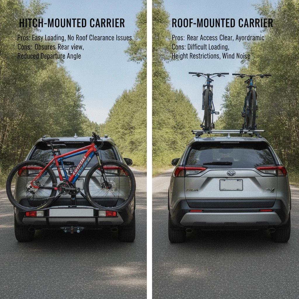 Side-by-side comparison of hitch-mounted versus roof-mounted bike carrier on an SUV