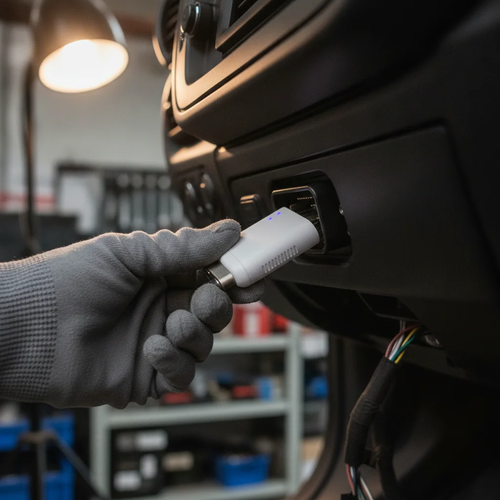 Small white telematics OBD-II device being plugged into a car's dashboard diagnostic port