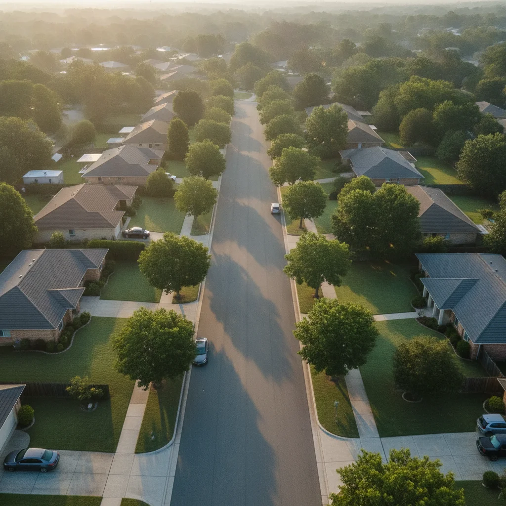 Quiet suburban street with minimal traffic seen from above, surrounded by green trees in morning light