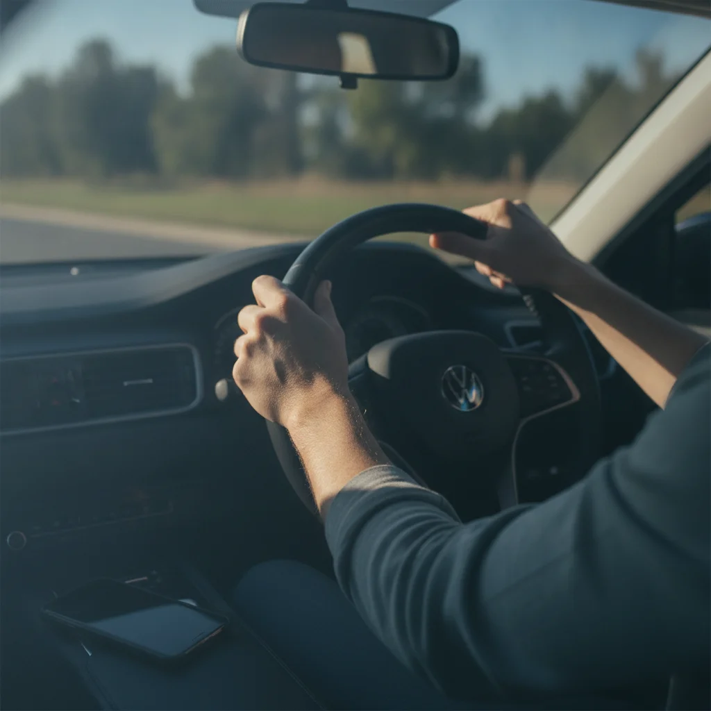 Driver keeping both hands on steering wheel with phone placed face-down on passenger seat to avoid distraction