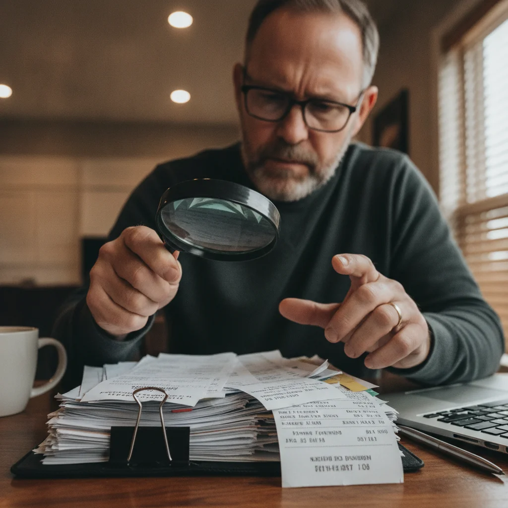 Car buyer carefully reviewing a stack of vehicle maintenance receipts at a table indoors