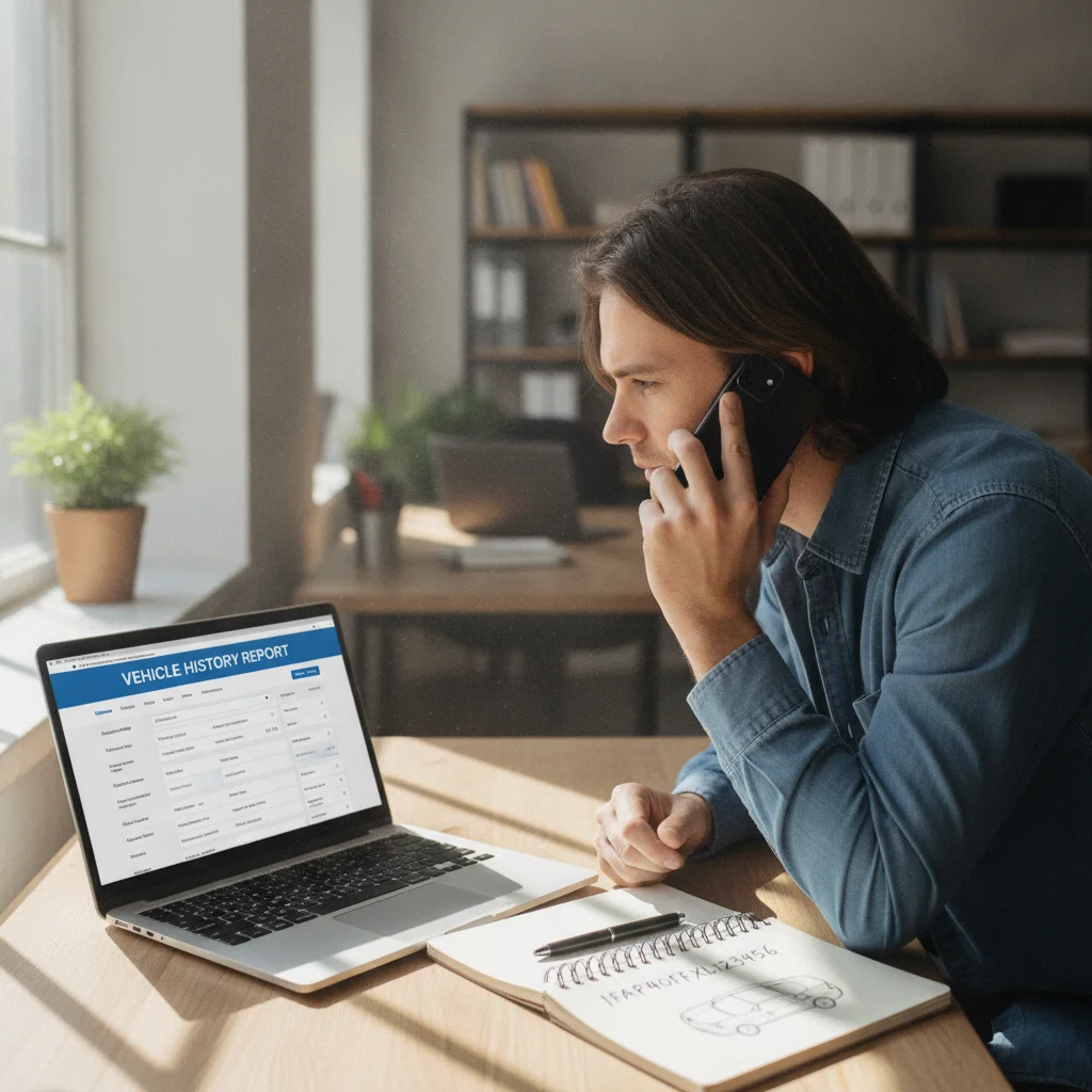 Person calling a repair shop to recover vehicle service records while viewing a vehicle history report online