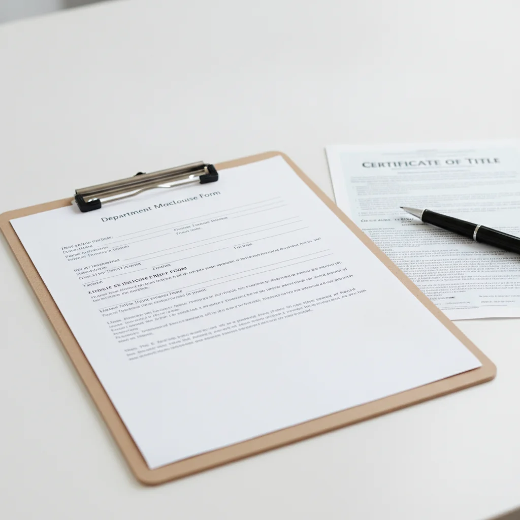 State vehicle seller disclosure form on a clipboard beside a car title document and pen