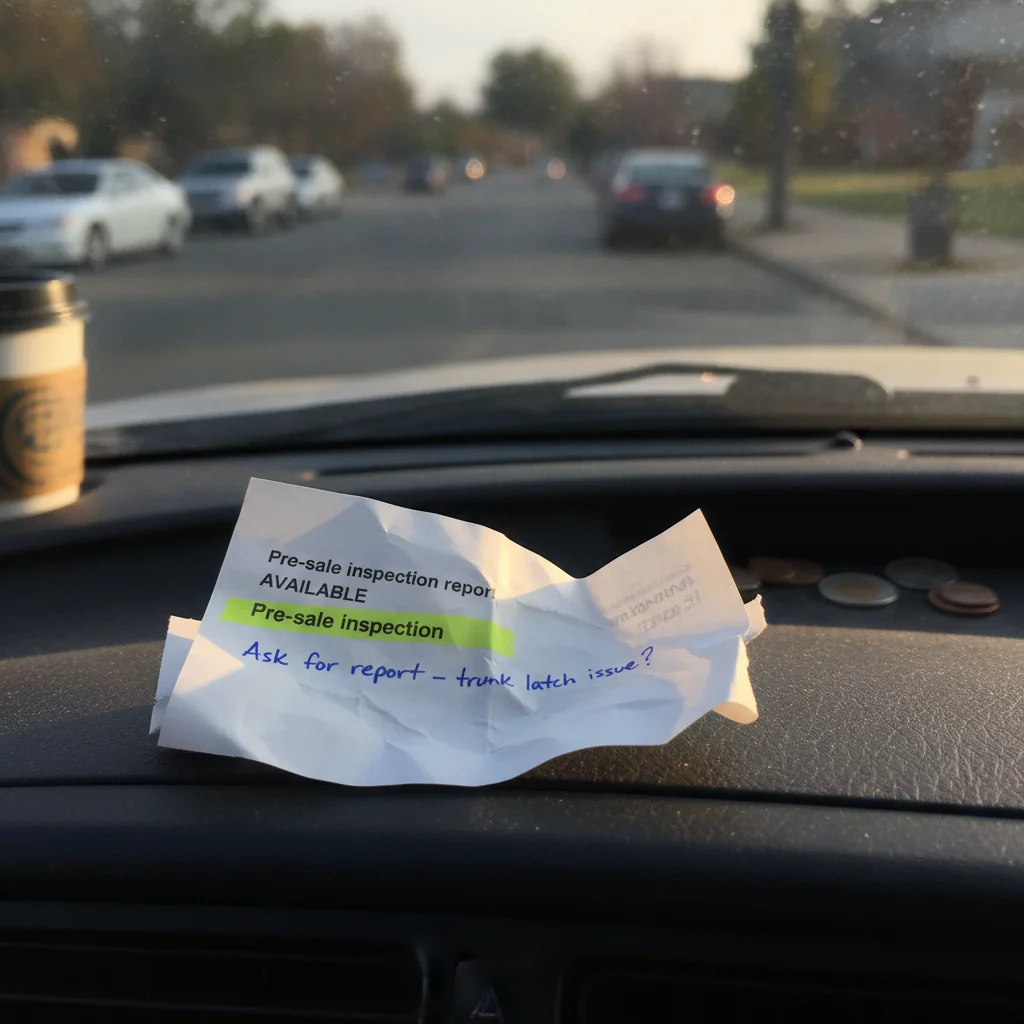 Used car listing printout with pre-sale inspection report highlighted, placed on a vehicle dashboard