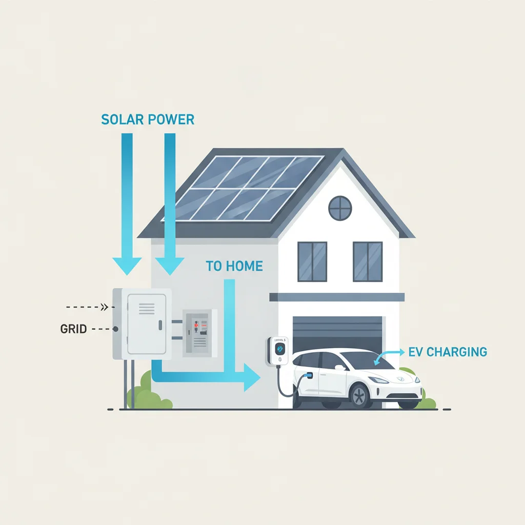 Diagram showing energy flow from rooftop solar panels through home electrical panel to EV charger