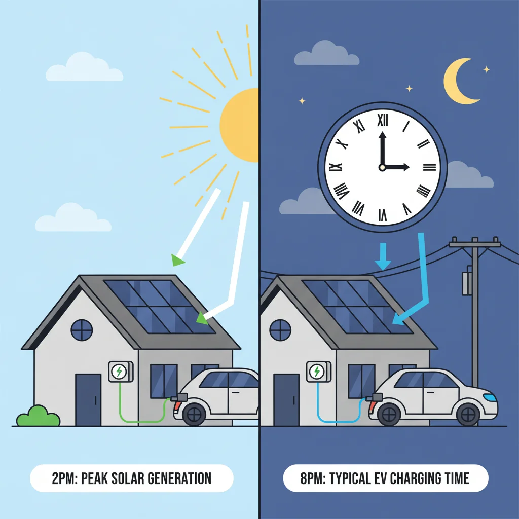 Illustration contrasting peak solar generation hours at midday versus typical evening EV charging time