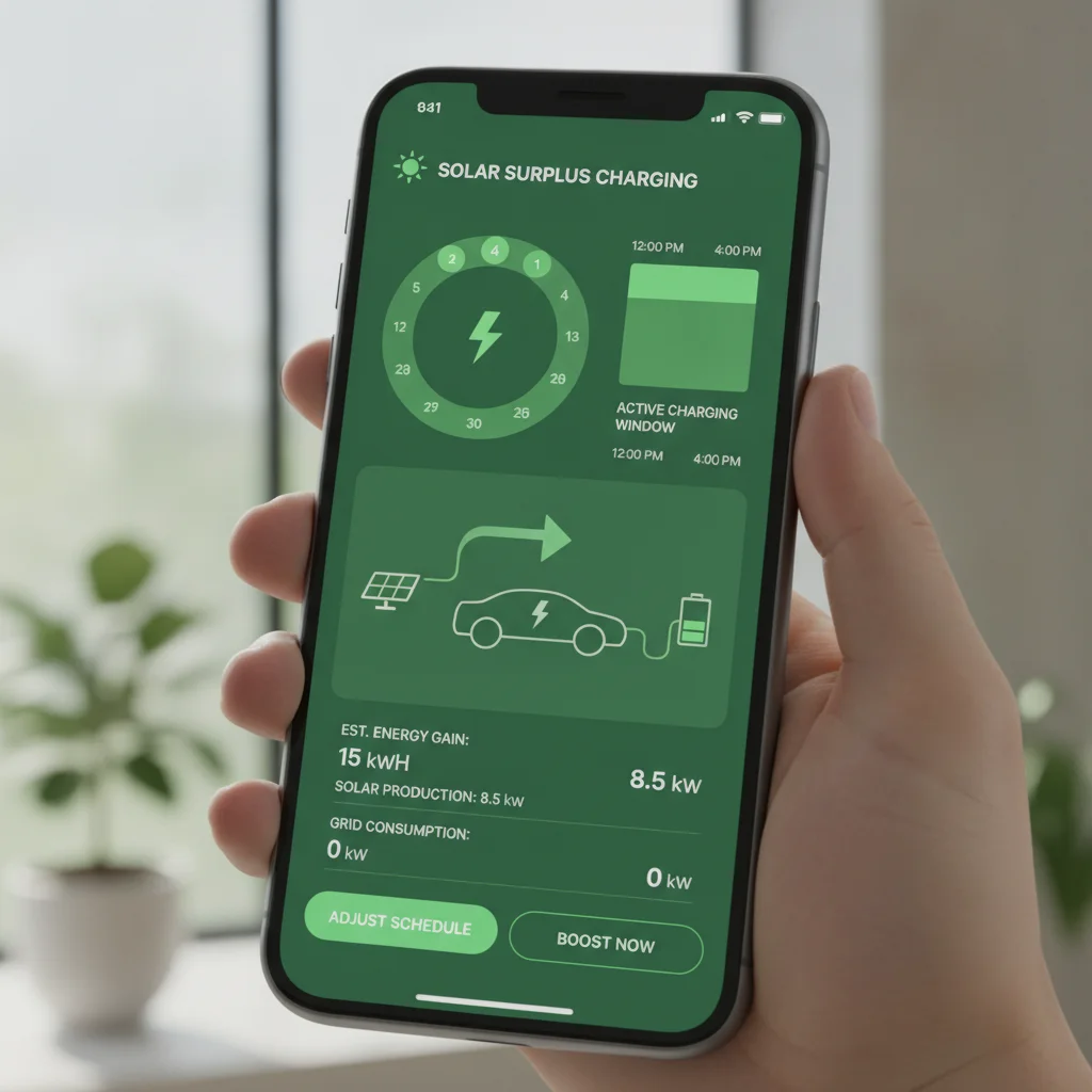 Smartphone screen showing an EV charger app with solar-optimized scheduling mode activated
