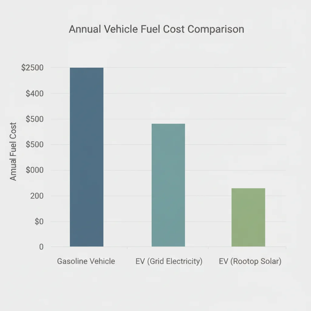 Bar chart comparing annual fuel costs for gasoline car, grid-charged EV, and solar-charged EV