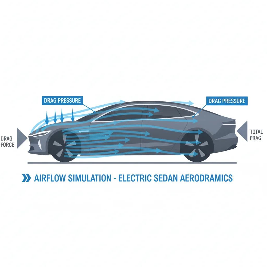 Technical illustration showing aerodynamic drag forces and airflow streamlines around an electric vehicle silhouette