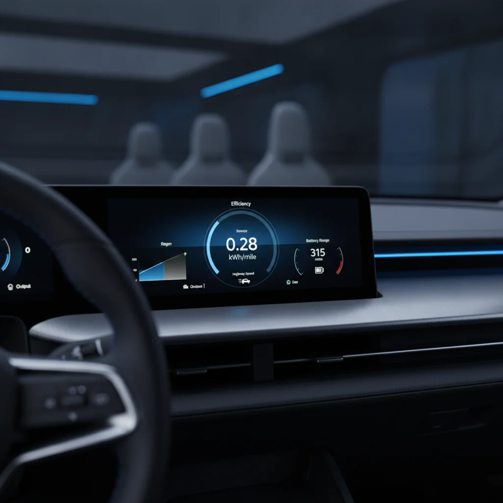 Electric vehicle dashboard showing energy consumption in kilowatt-hours per mile during highway driving