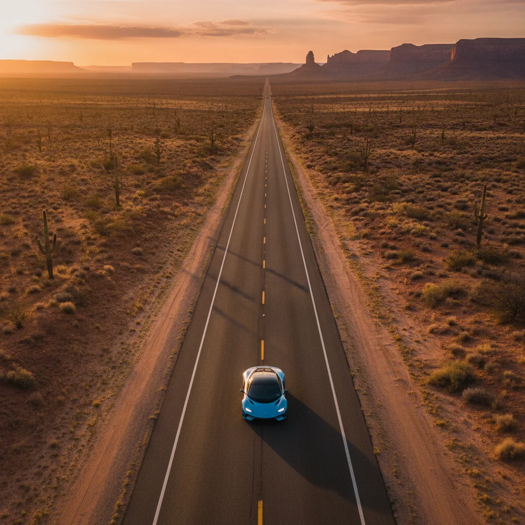 Aerial view of an electric vehicle driving on a long straight desert highway stretching to the horizon