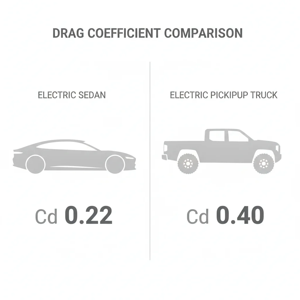 Side-by-side silhouette comparison of a streamlined electric sedan and a boxy electric pickup truck showing drag coefficient differences