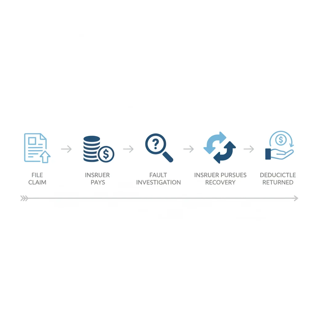 Five-step horizontal flowchart showing the subrogation process from filing a claim to receiving a deductible refund