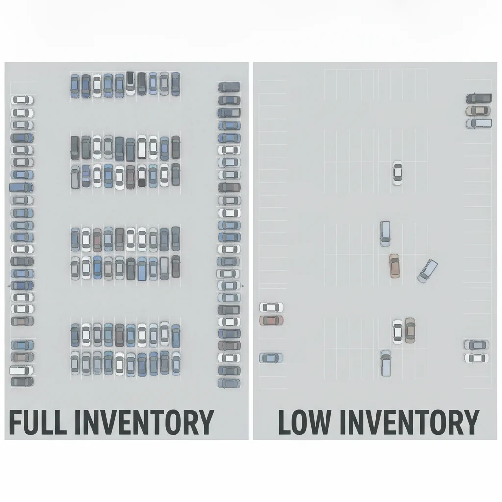 Side-by-side comparison of a full car dealership lot versus a nearly empty lot during a shortage