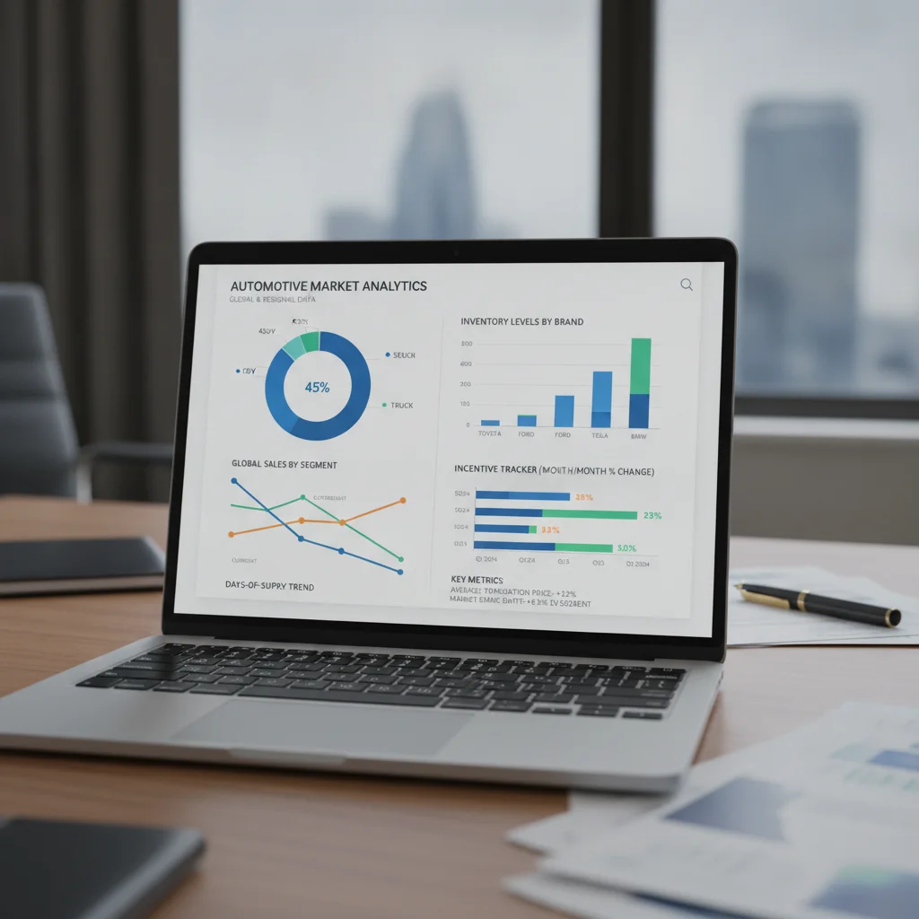Laptop screen displaying automotive market inventory data charts and days-of-supply trend graphs