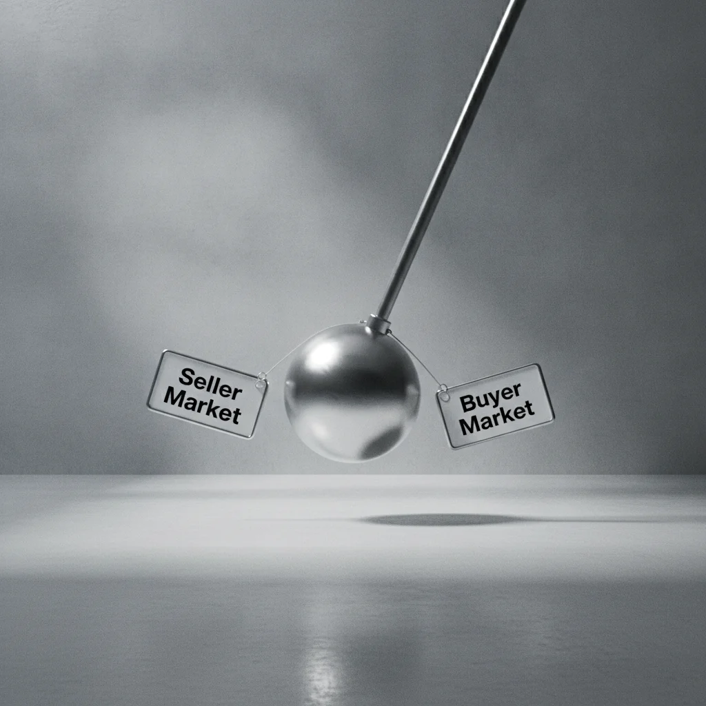 Pendulum swinging between seller market and buyer market labels illustrating auto market power shifts