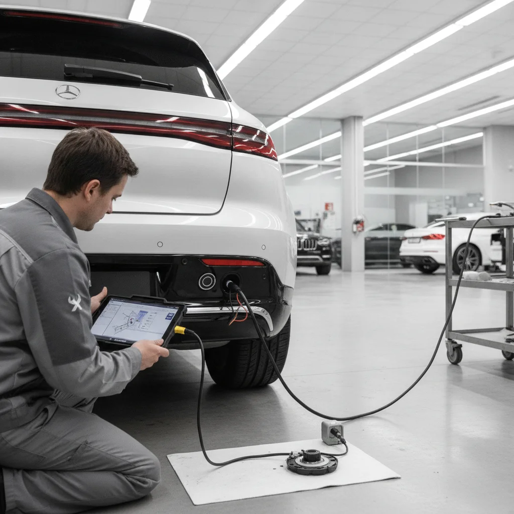 An auto body technician using a diagnostic scanner to recalibrate sensors on a luxury vehicle bumper