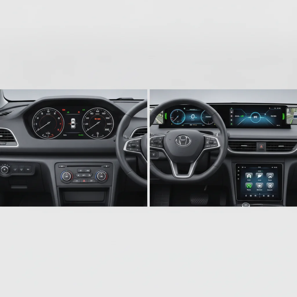 Side-by-side comparison of a basic analog car dashboard and an advanced digital ADAS-equipped dashboard