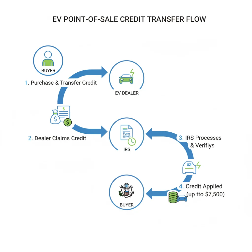 Infographic showing the flow of the EV point-of-sale credit transfer between buyer, dealer, and IRS