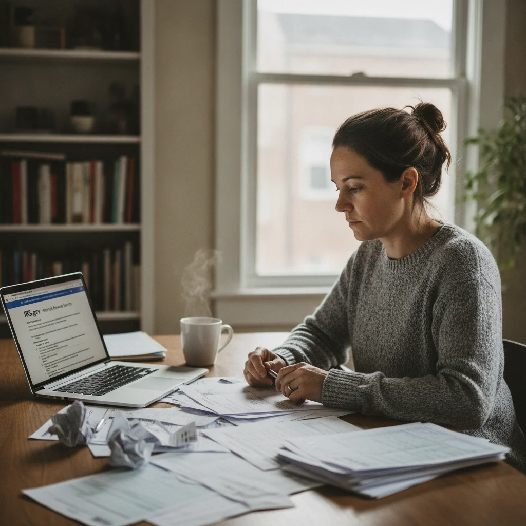 Person reviewing IRS Form 8936 and EV tax credit documents at a home desk with a laptop