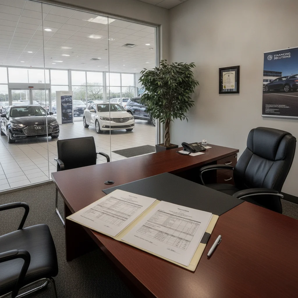 Dealership finance office desk with open vehicle purchase agreement showing itemized credit line