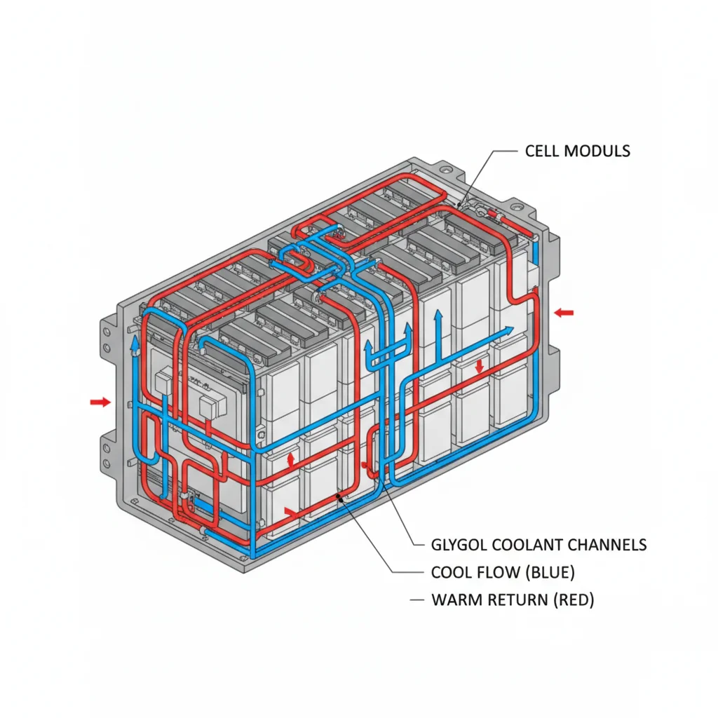 Technical cutaway of EV battery pack showing blue and red coolant flow channels between lithium-ion cell modules