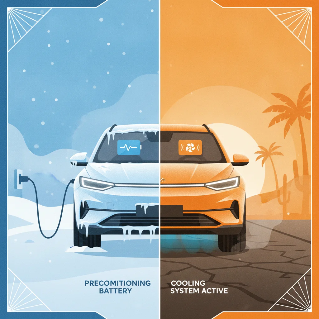 Side-by-side illustration of an EV in winter cold and summer heat with thermal management system active in both conditions