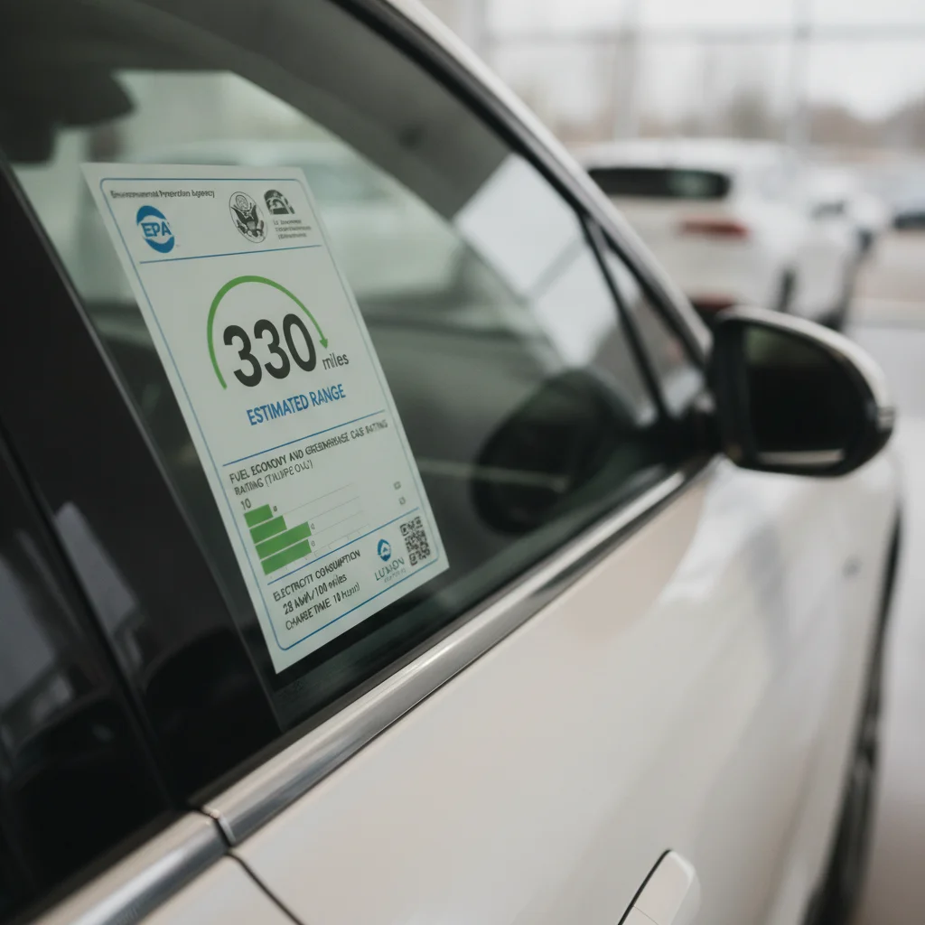 EPA window sticker on a new electric vehicle showing the official range estimate at a dealership